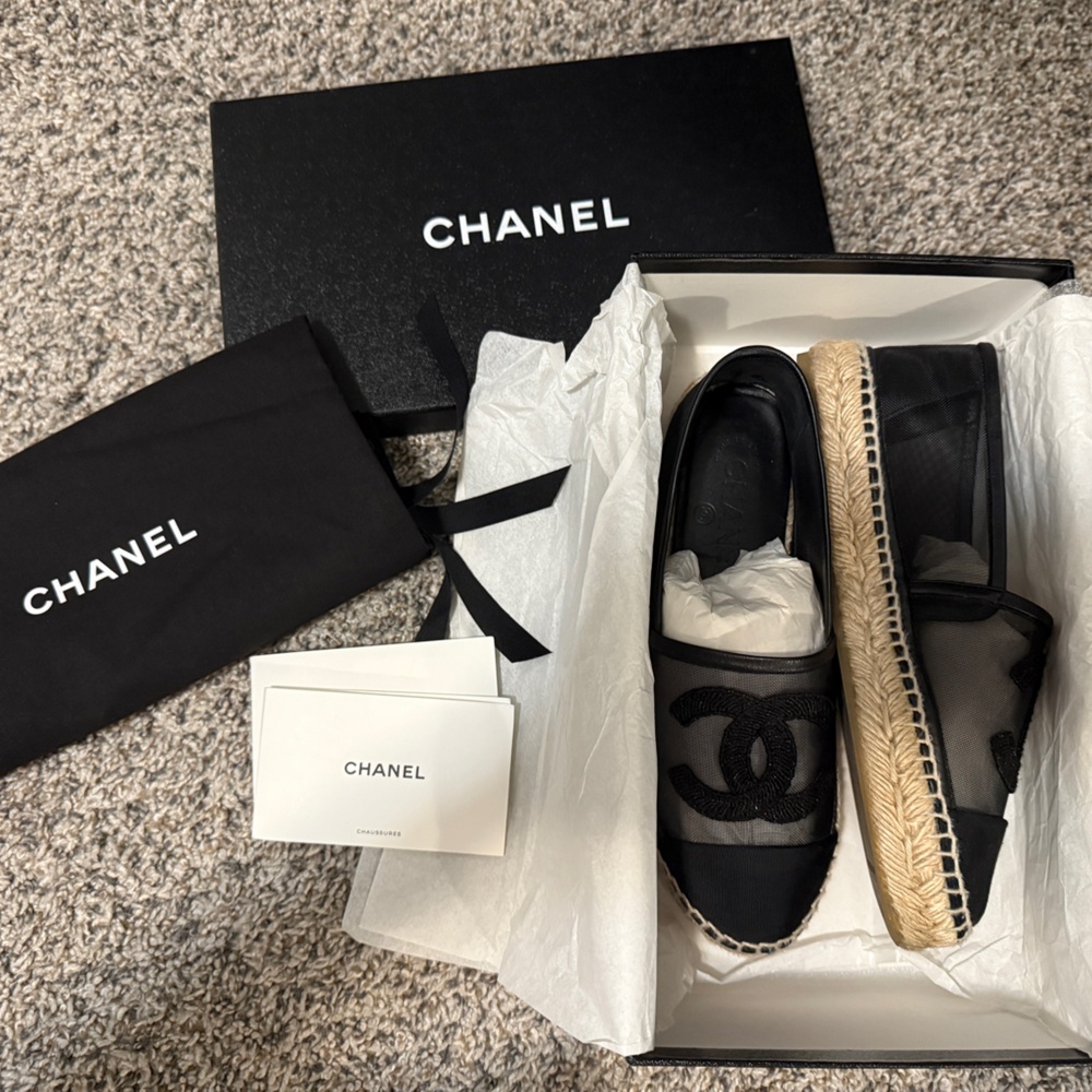 CHANEL Black Mesh Espadrille Flats